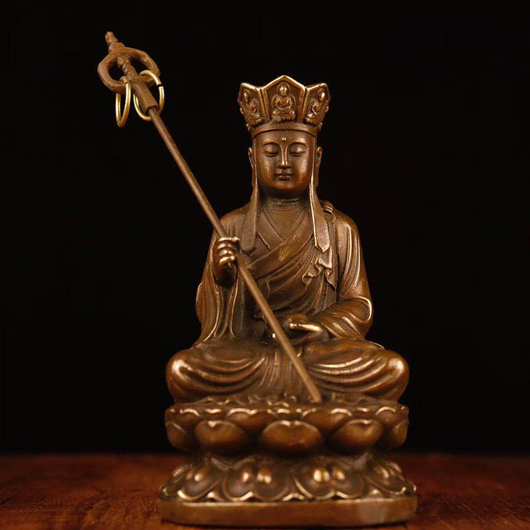 批发黄铜精品仿古做旧  小坐莲花地藏王摆件  铜菩萨工艺品