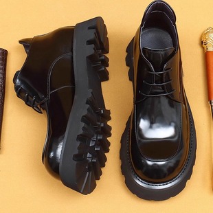 时尚 2025新款 黑色漆皮系带高帮鞋 真皮厚底德比鞋 百搭增高男靴 男士