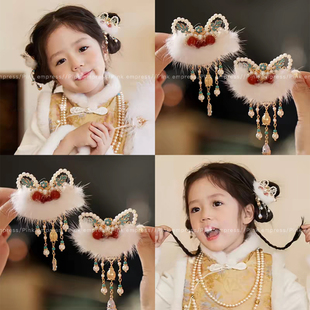 儿童新年醒狮流苏蝴蝶结发夹女童前额侧边刘海夹宝宝过年汉服头饰