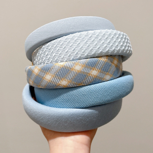 蓝色系格子气质发箍女防滑不压发高颅顶外出百搭发卡洗脸专用头箍