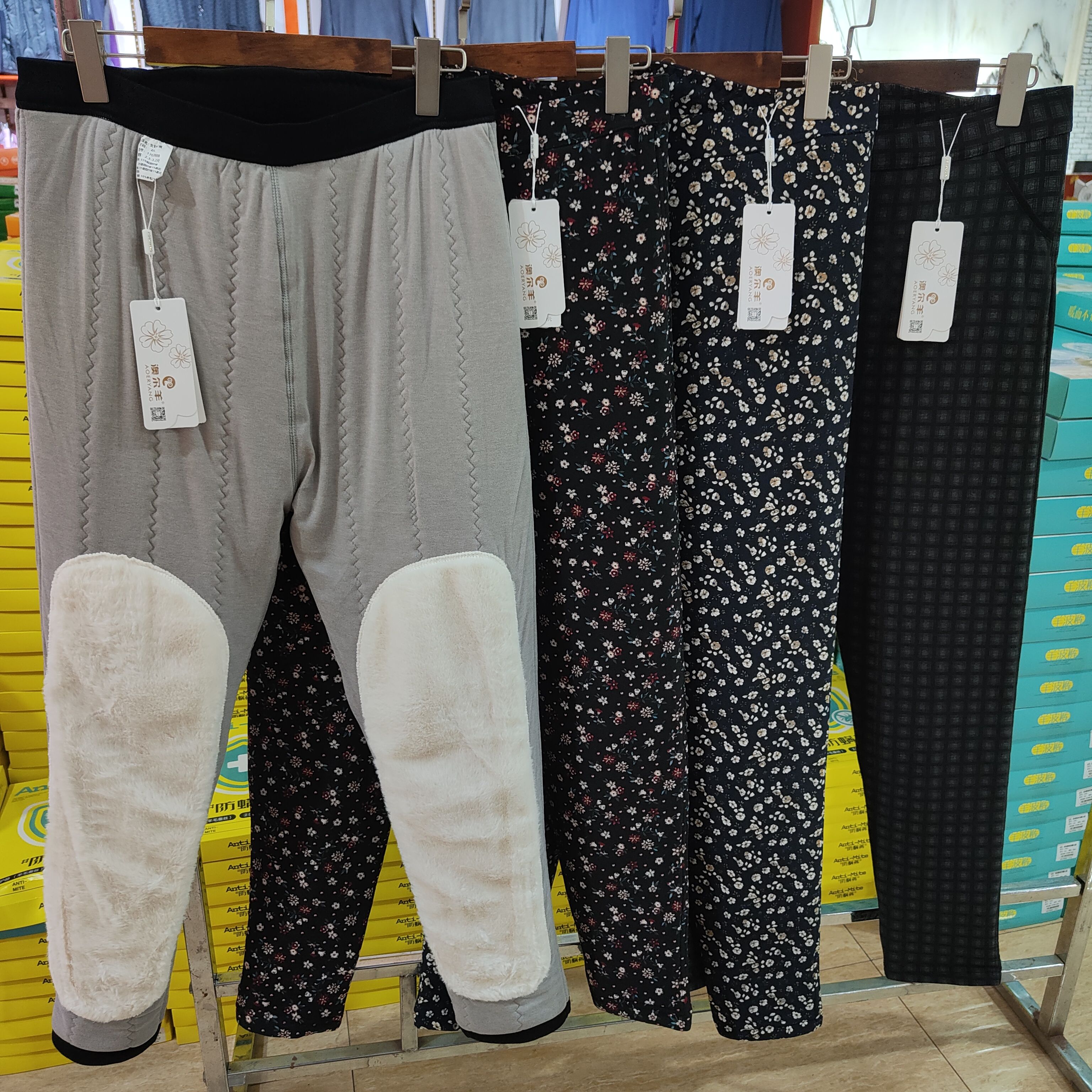 澳尔羊6403女士高腰纯羊毛加绒加厚护腰护膝大码妈妈花棉裤保暖裤
