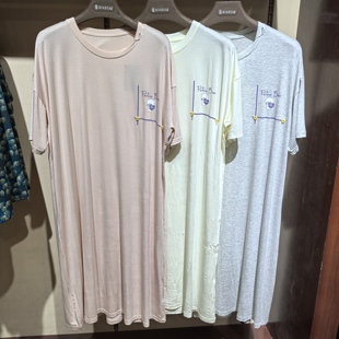 海娜娇2620女士小熊印花睡裙夏季 短袖 长裙宽松大码 透气家居裙 薄款