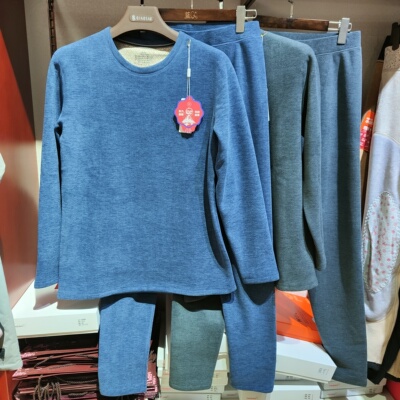 22352秋冬男士圆领羊绒蚕丝加绒加厚大红保暖内衣套装火山绒打底