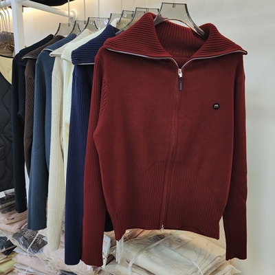 粤雅利来7930秋冬女大翻领拉链长袖针织衫休闲保暖开衫毛衣毛衫