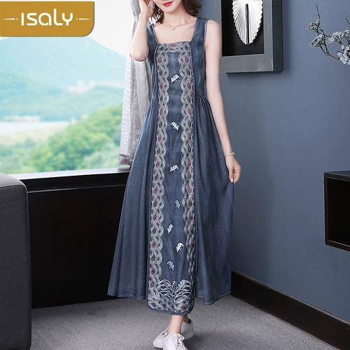 isaly Летний жилет без рукавов, ретро длинная юбка, джинсовое длинное платье, квадратный вырез, по фигуре, с вышивкой