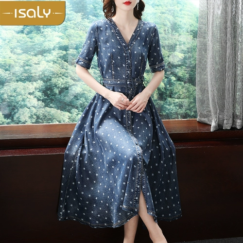 isaly Летняя длинная длинная юбка, джинсовый ретро приталенный корсет, платье, V-образный вырез, оверсайз