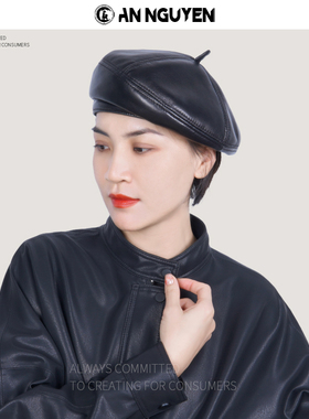 SY秋冬气质复古小羊皮贝雷帽时尚潮流真皮画家帽