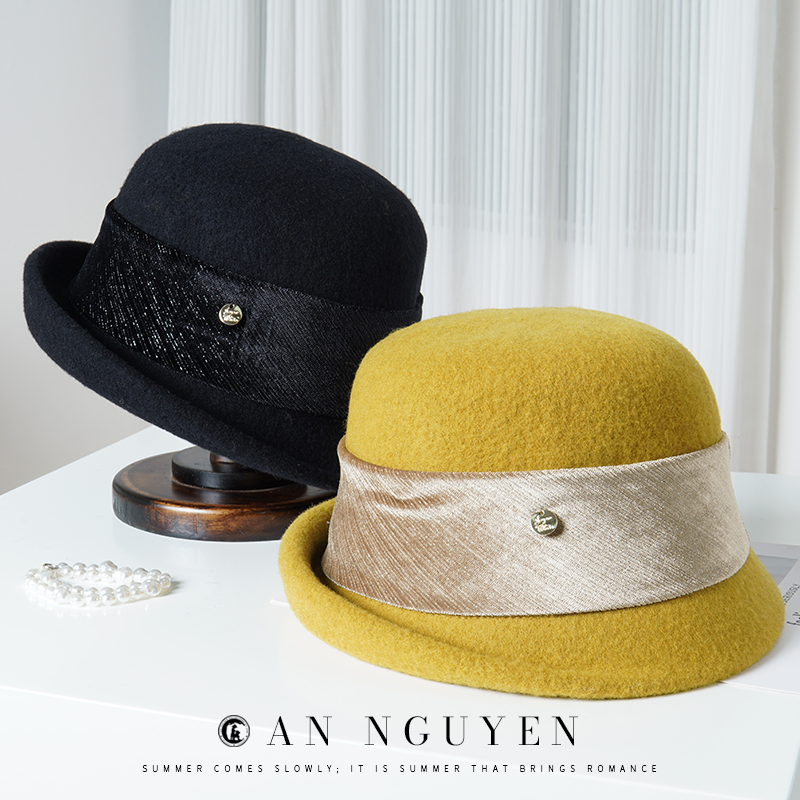 安源冬季新款羊毛混纺时尚渔夫帽复古卷边盆帽气质百搭优雅礼帽