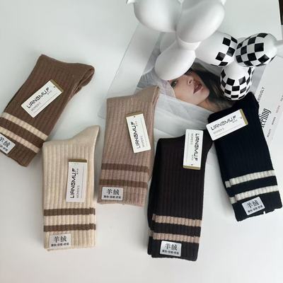 安源秋冬新款百搭女士羊绒中筒袜条纹休闲保暖袜柔软堆堆袜
