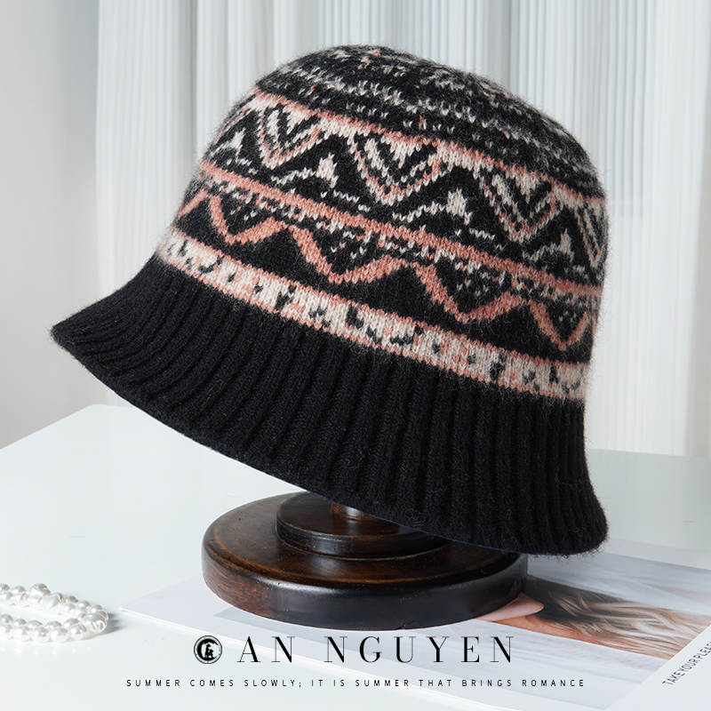 WY新款羊毛提花针织帽女秋冬费尔岛风复古百搭水桶帽遮阳保暖盆帽