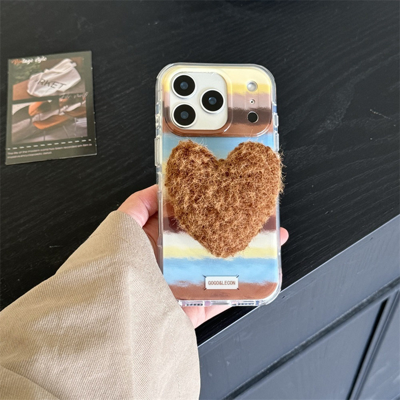 彩虹条纹立体棕充棉爱心适用iPhone17pro手机壳苹果15/16保护套14