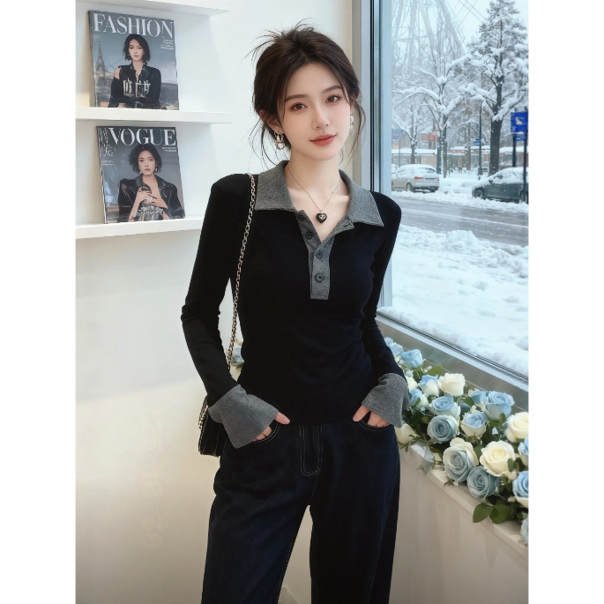 撞色polo衫翻领喇叭袖修身打底针织衫2025新款女秋冬穿搭内搭上衣