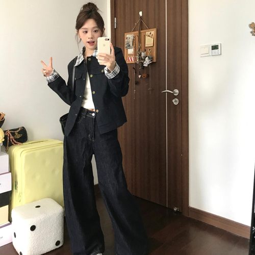 早秋韩系复古格纹拼接短款