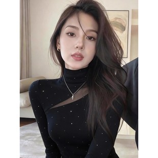 绝美漂亮超好看半高领打底衫女内搭2026新款烫钻T恤黑色上衣春冬