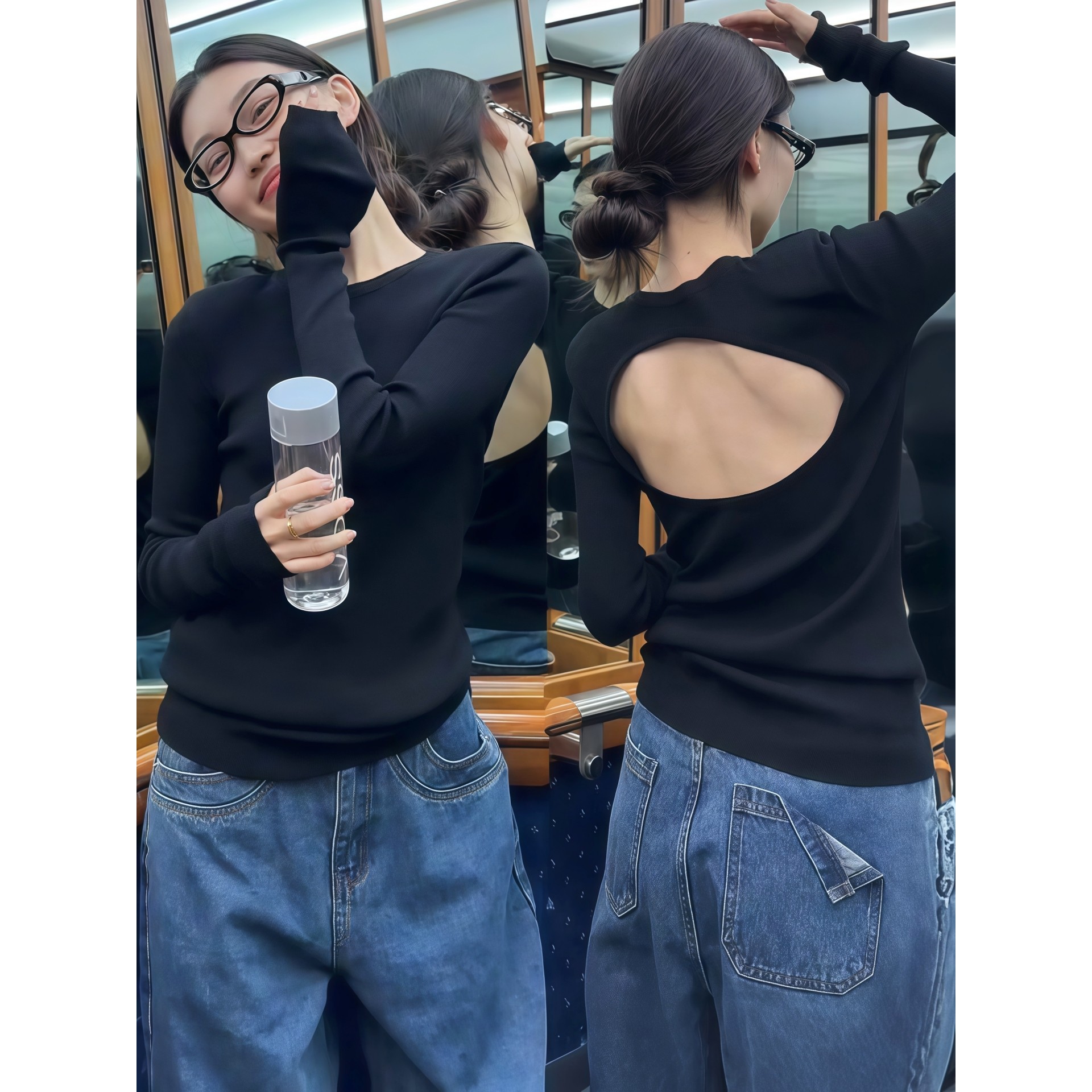 黑色长袖t恤女装2025新款