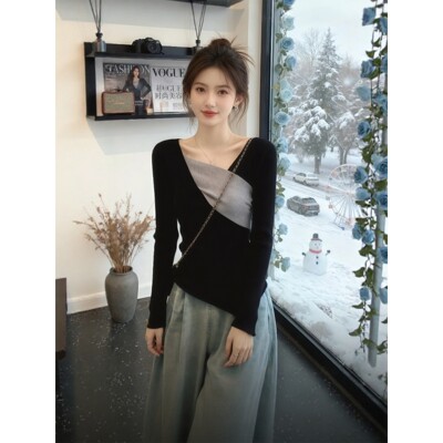 秋冬穿搭黑色不规则修身拼色针织衫毛衣女款2025新款打底内搭上衣