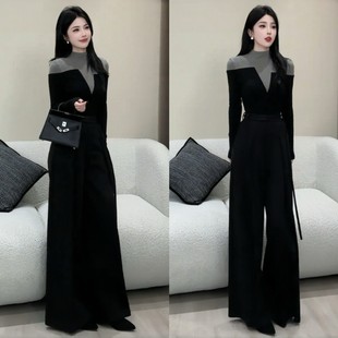 巨好看的两件套秋冬装御姐知性气质半高领长袖磨毛T恤阔腿裤套装