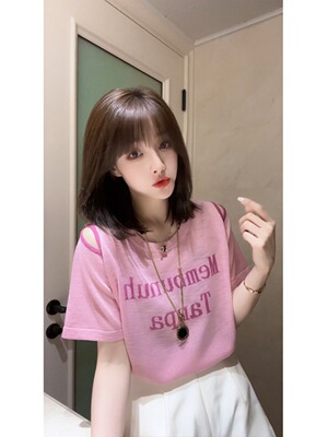 短袖通勤薄款印花设计感撞色镂