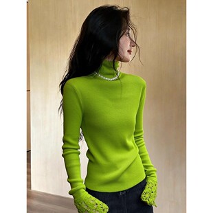 秋冬复古辣妹绿色高领毛衣针织打底衫女内搭刺绣修身显瘦长袖上衣