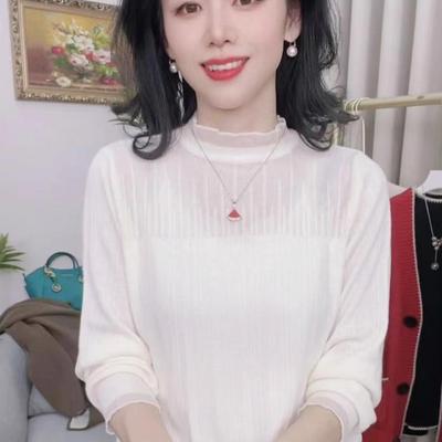 2025春装新款女装针织衫百搭蕾丝木耳边圆领长袖女打底衫毛衣上衣