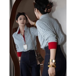 女2025新款 衬衫 气质通勤宽松显瘦衬衣上衣 气质条纹翻领秋冬季 法式