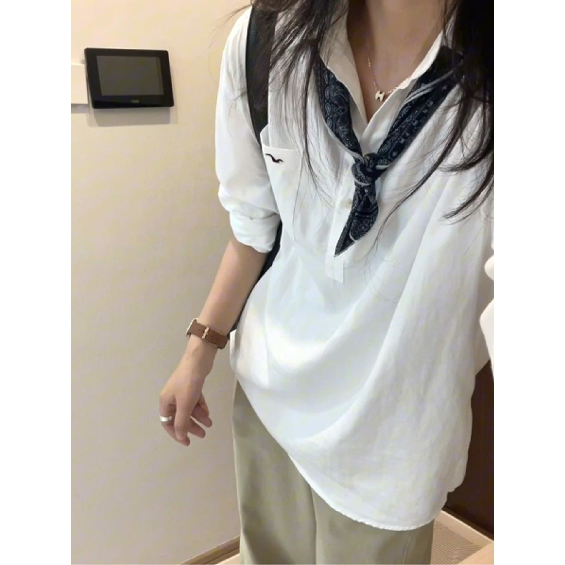 复古老钱风白色亚麻衬衫女