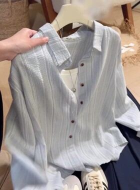 韩系复古蓝色竖条纹长袖翻领衬衫女夏季高级感宽松慵懒衬衣外套潮