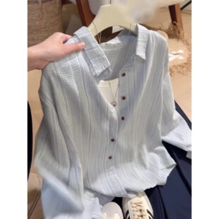 韩系复古蓝色竖条纹长袖翻领衬衫女夏季高级感宽松慵懒衬衣外套潮