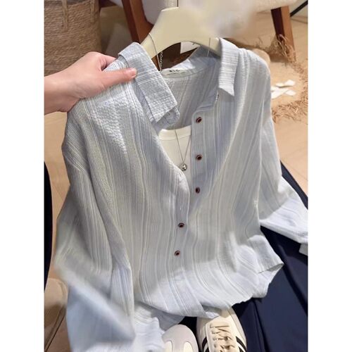 韩系复古蓝条纹长袖翻领衬衫女