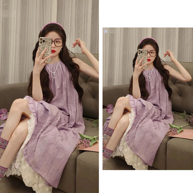 氛围感紫色挂脖连衣裙女夏