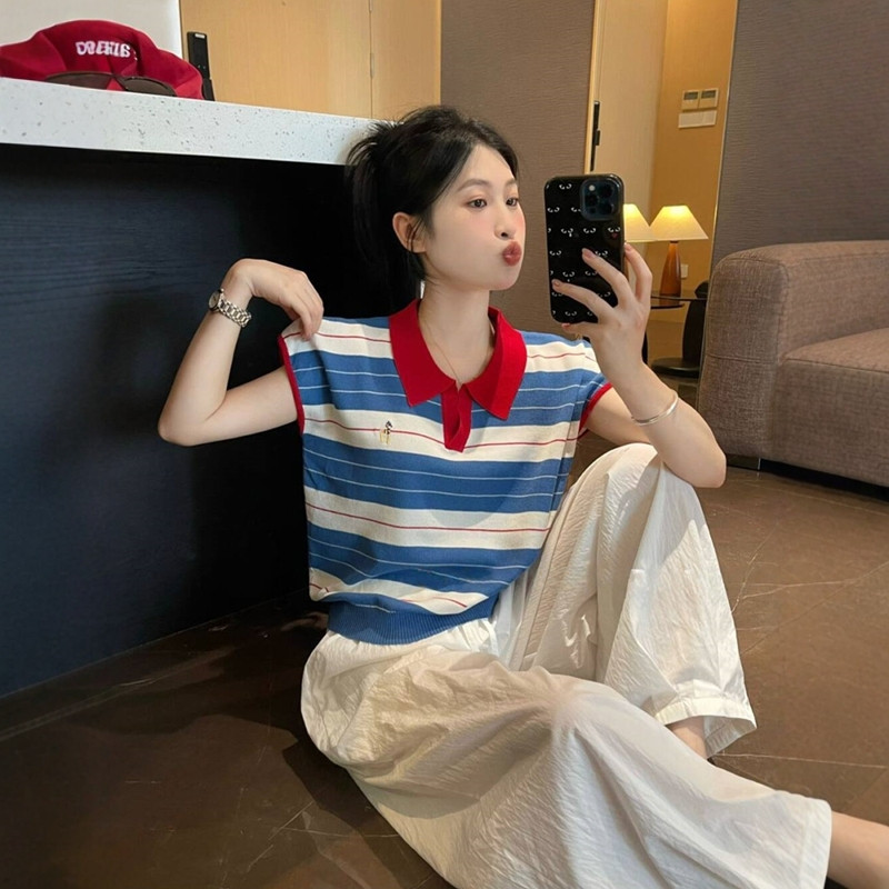 韩系撞色条纹pol领针织衫