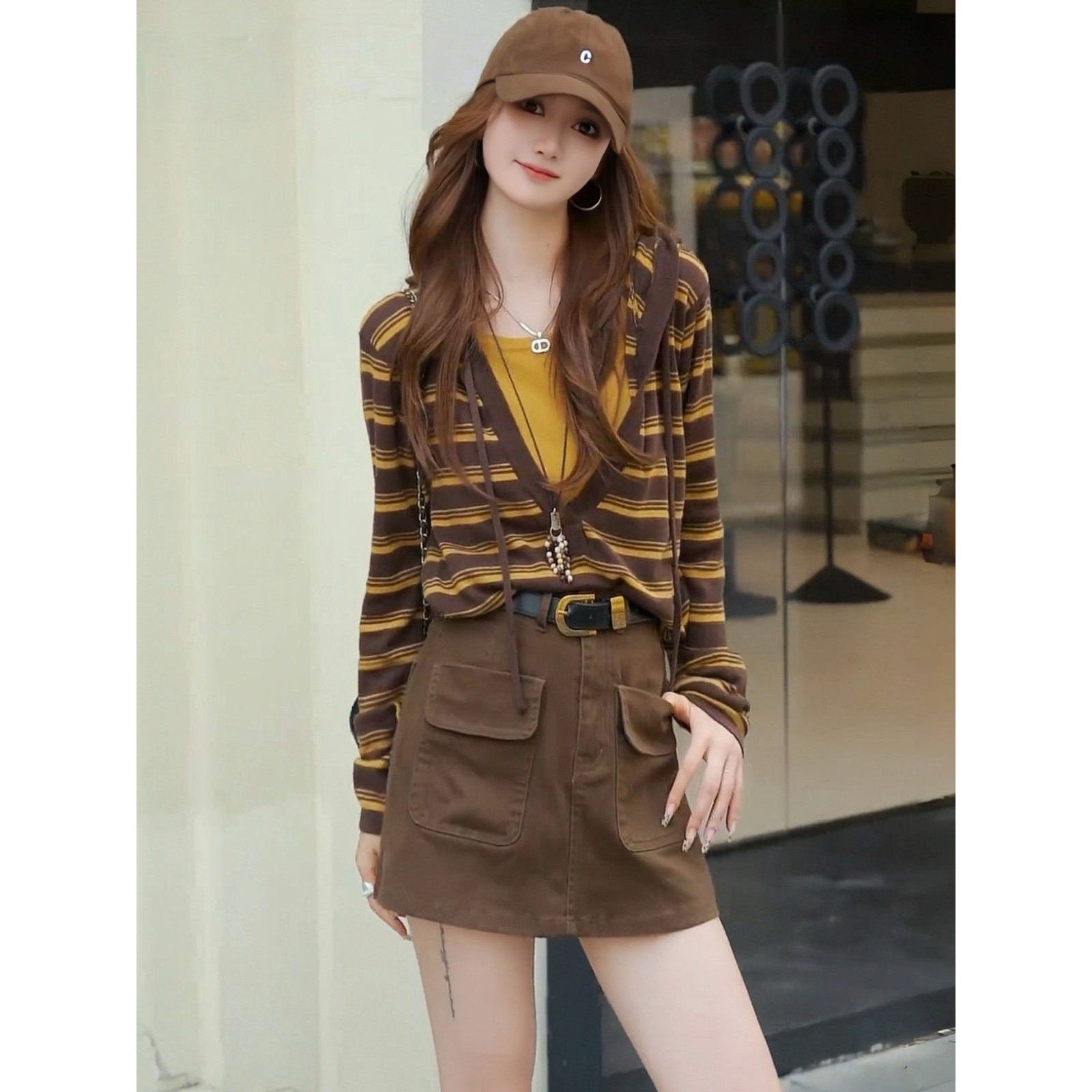 韩系时尚减龄假两件条纹连