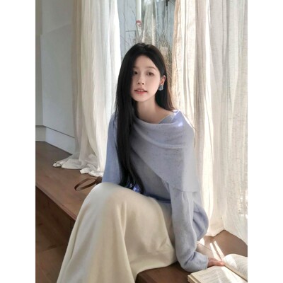 早秋韩系一字肩蓝色长袖针织衫女