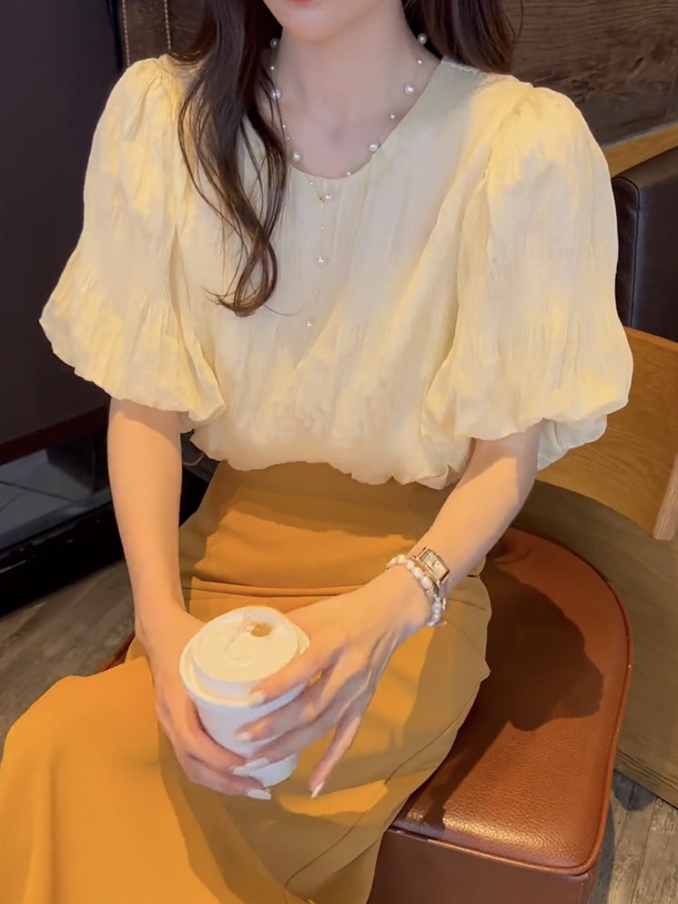 法式褶皱泡泡袖雪纺衬衫女2025夏季新款设计感+半身裙时尚套装女