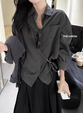 法式通勤高端雾面感长袖灰色衬衫秋冬女士双口袋小众上衣叠穿衬衣