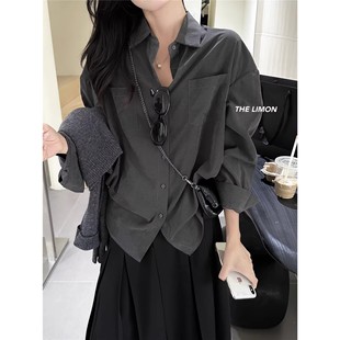 秋冬女士双口袋小众上衣叠穿衬衣 灰色衬衫 法式 通勤高端雾面感长袖