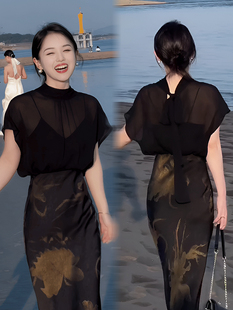 黑色薄纱无袖雪纺衬衫女夏款2026新款时尚气质薄款外搭罩衫上女衣