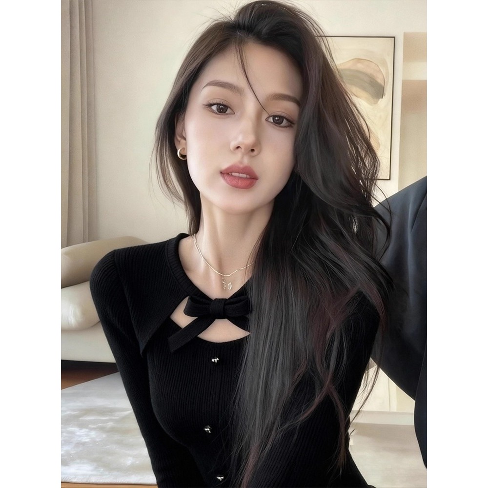 法式复古黑色蝴蝶结毛衣针织打底衫女内搭设计感修身长袖上衣秋冬