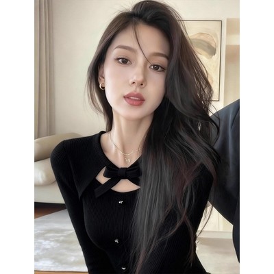 法式复古黑色蝴蝶结毛衣针织打底衫女内搭设计感修身长袖上衣秋冬