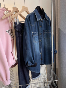 欧货复古做旧加绒牛仔衬衫女秋冬小个子休闲加厚叠穿打底衬衣外套