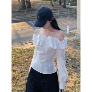 2025新款 女秋夏季 设计感露肩宽松收腰显瘦上衣 一字肩白色衬衫 法式