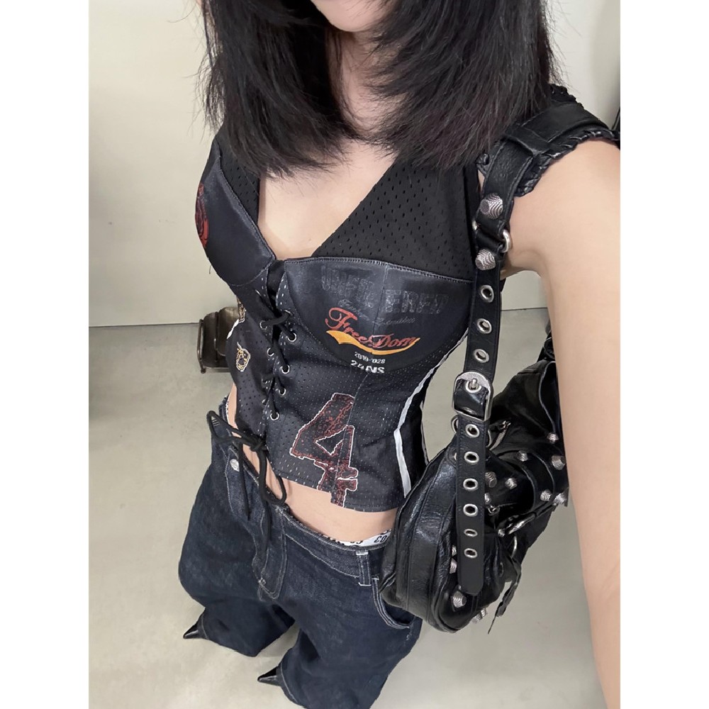 美式辣妹印花绑带挂脖背心