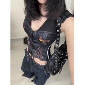 美式 辣妹印花绑带挂脖背心女外穿夏季 性感纯欲风收腰显瘦吊带上衣