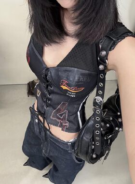 美式辣妹印花绑带挂脖背心
