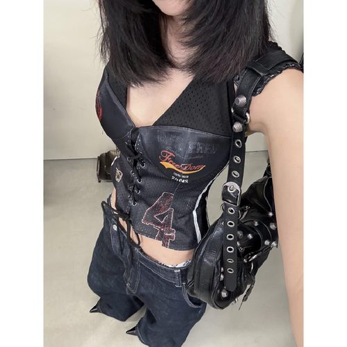 美式辣妹印花绑带挂脖背心