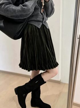 秋冬丝绒高腰显瘦百褶短裙