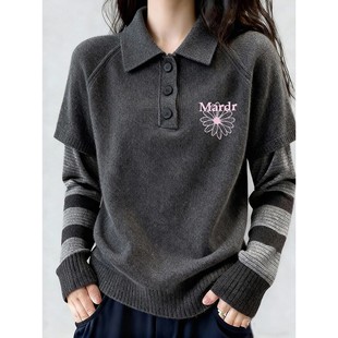 炭灰色polo领条纹假两件针织衫2026秋冬季新款通勤休闲毛衣上衣女