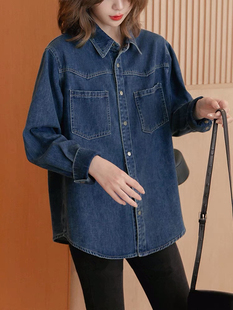 加绒加厚打底牛仔衬衫女秋冬新款小个子复古别致长袖叠穿内搭上衣