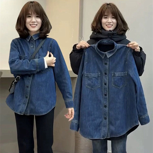 加绒叠穿打底软牛仔衬衫女外套秋冬爆款韩版复古显瘦内搭加厚上衣