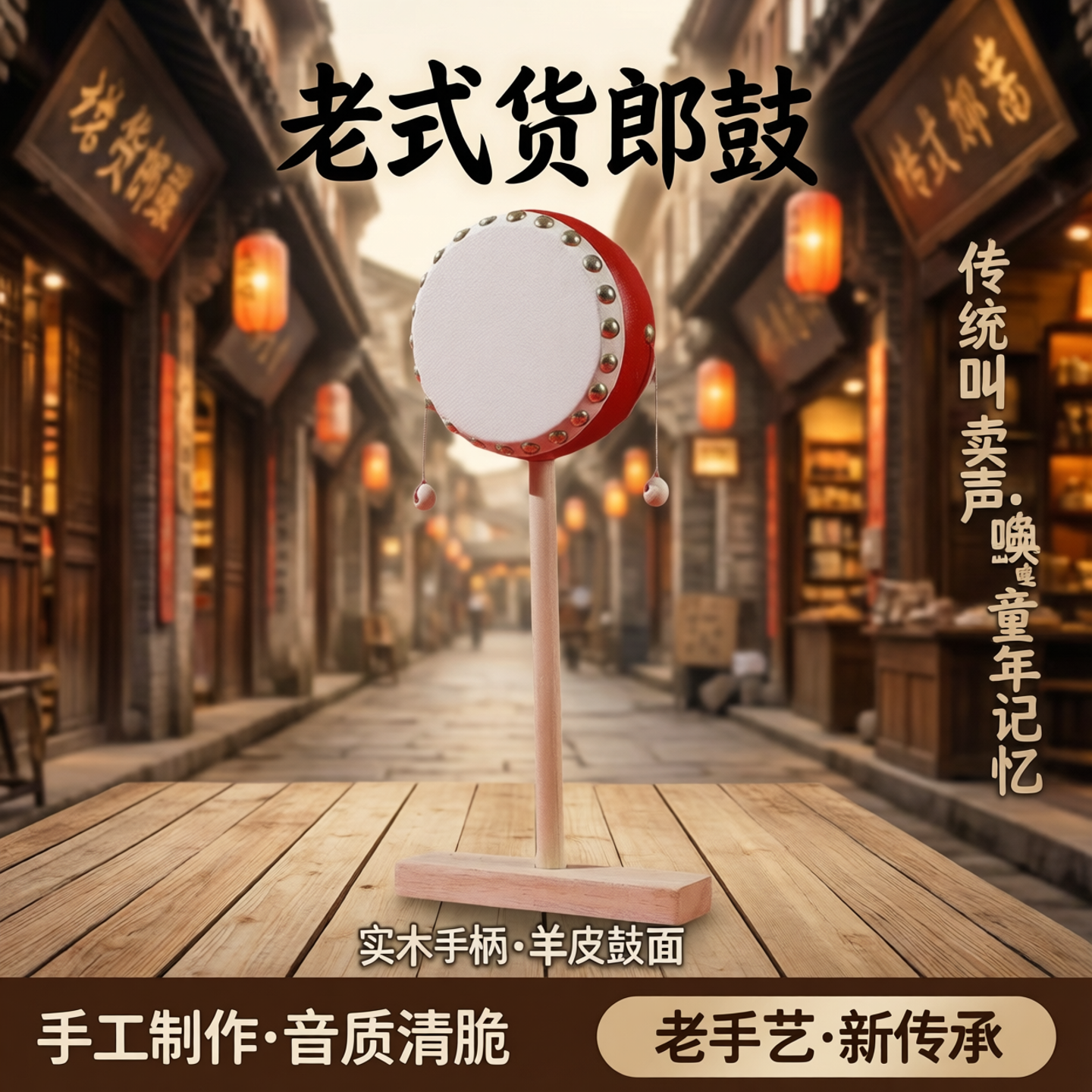老式货郎鼓传统拨浪鼓羊皮手摇鼓实木质波浪鼓吆喝鼓叫卖鼓手柄鼓